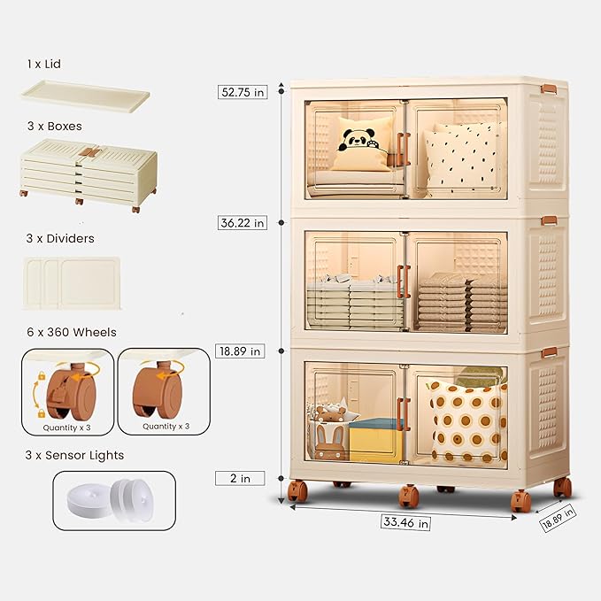 FINCHESCLUB 568QT Large Stackable Storage Bins with Lids, 141Gal Foldable Storage Bins with Doors and Wheels, Collapsible Closet Organizers for Home Office, Christmas Gifts - 3 Pack - Off White