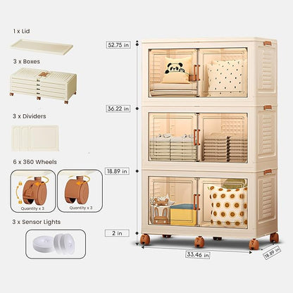 FINCHESCLUB 568QT Large Stackable Storage Bins with Lids, 141Gal Foldable Storage Bins with Doors and Wheels, Collapsible Closet Organizers for Home Office, Christmas Gifts - 3 Pack - Off White