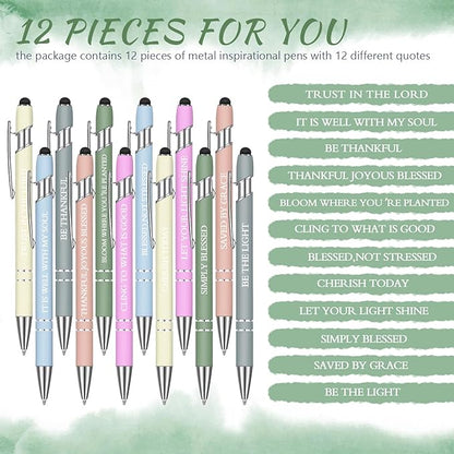 Zonon 12 Pcs Inspirational Pens Bulk Funny Ballpoint Pen with Stylus Tip Motivational Gifts for Christmas Teacher Coworkers Nurse School Office Supplies(Morandi,Bible Style)