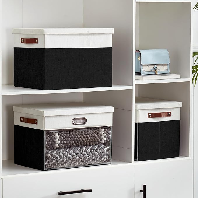 Fabric Clear Window Storage Bins with Lid, Closet Storage Box Linen Closet Baskets with 3 Handles for Organizing Clothing, Jeans, Shelves 17''- 3 Pack (Black and White)