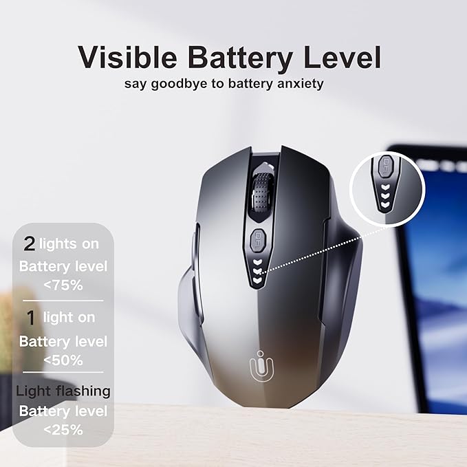 Uineer Wireless Mouse,[Upgraded] Rechargeable 2.4GHz (Battery Level Visible) Ergonomic Computer Mouse,4 Levels DPI, Wireless Mice for Laptop PC Computer(Grey)