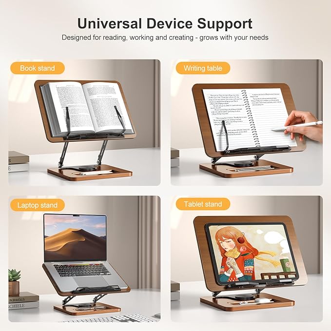 Book Stand for Reading, 360° Rotating Hands Free Book Holder, Adjustable Height and Angle, Page Clip for Cookbook, Recipe, Magazine, Laptop,Tablet, Foldable for Kitchen, Office, School