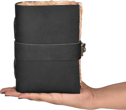 LEATHER VILLAGE Leather Bound Vintage Journal for Women & Men - Book of Shadows - Lock Closure - 200 Pages of Antique Deckle Edges Handmade Paper - Rustic Black Color - 10 X 7 inches