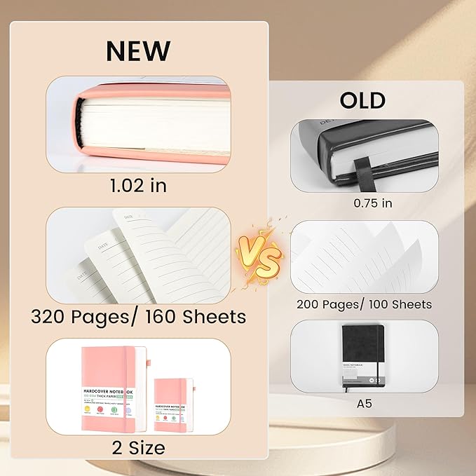 CAGIE Lined Journal Notebook, 320 Pages College Ruled Notebook, 100 Gsm Paper Thick Journal, B5 Hardcover Leather Journals for Writing Women, 7.6x10 In, Pink