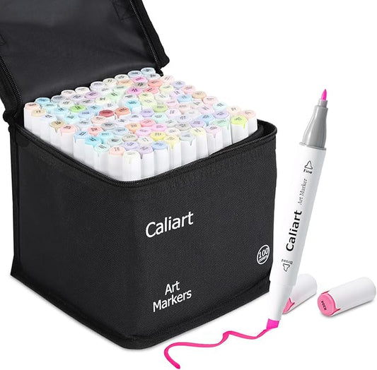 Caliart Pastel Markers, 100 Colors Dual Tip Art Markers Sketch Pens Permanent Alcohol Based, with Case for Adults Artists Drawing Illustration Sketching Coloring