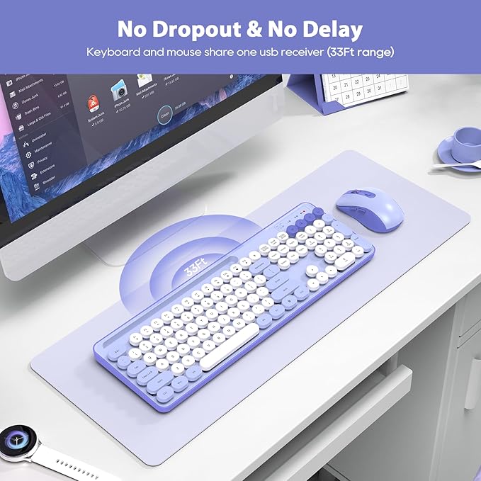Wireless Keyboard and Mouse Combo, Retro Round Keycaps, Cute Full-Size Typewriter Keyboard with Phone Holder, Sleep Mode, Click Soft, 2.4GHz Cordless Connection for Windows/PC/Laptop