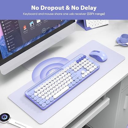 Wireless Keyboard and Mouse Combo, Retro Round Keycaps, Cute Full-Size Typewriter Keyboard with Phone Holder, Sleep Mode, Click Soft, 2.4GHz Cordless Connection for Windows/PC/Laptop