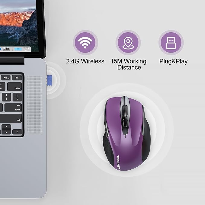 TECKNET Rechargeable Wireless Mouse,USB-A Silent Mouse, Quiet Click, 6 Adjustable 4800 DPI, Cordless Computer Mouse, Ergonomic Mouse for Laptop, 6 Buttons 2.4G Mouse for Chromebook, Ergo Grip - Purple