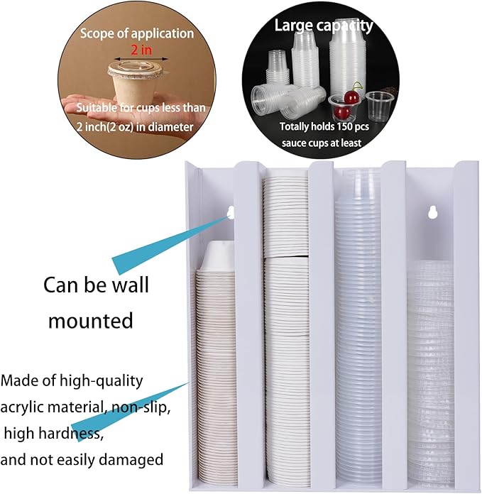 UCUDI Portion Sauce Cup Lid Holder for Restaurant 4 Compartments Plastic Sauce Cup Organizer Dispenser Fits Cups 2oz to 5.5oz in One Size for Counter or Wall Mount (White)