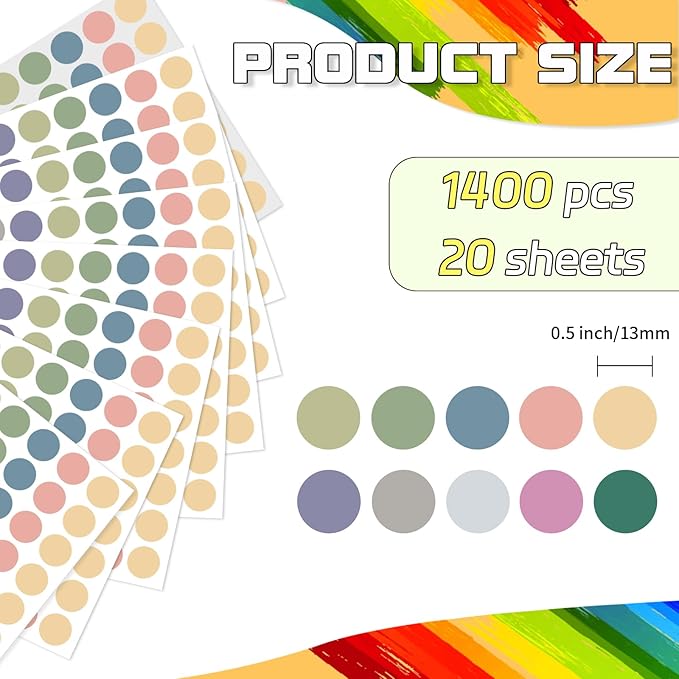 Dot Stickers, 1/2 Inch Morandi Circle Stickers, 1400pcs Self-Adhesive Writable Color Coding Labels, Round Labels for Office, Classroom, Garage Sale