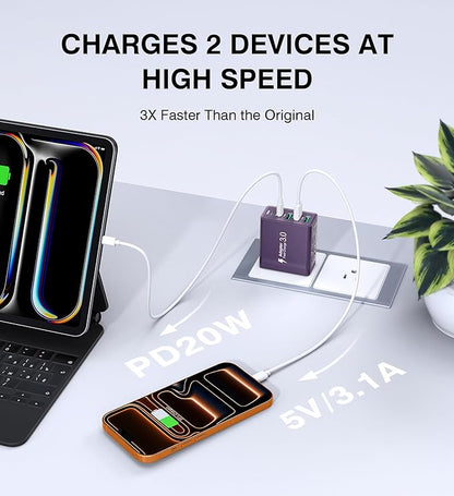[2-Pack] USB C Wall Charger, 60W Charger Block 5-Port PD Fast Charging Blocks,Multiport 2USB C+3USB A Plug,Type C Power Adapter Brick Cube for iPhone 17/16/15/14/13/Pro,Samsung,for Switch（Purple）