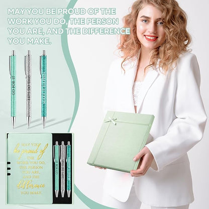 5 Pcs Employee Appreciation Gift Christmas Leather Journal Notebook 3 Ballpoint Pens with Box Thank You for Nurse Medical Assistant Coworker Teacher Social Worker Vet Tech Volunteer(Green)