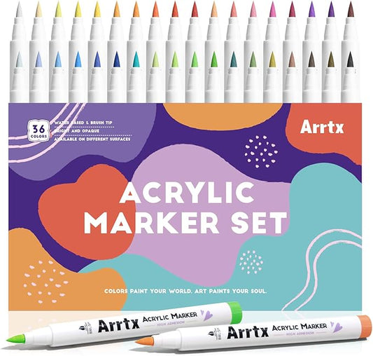 Arrtx Acrylic Paint Pens Basic Series 36D,Brush Tip Markers for Rock, Wood, Ceramic, Glass, Canvas, Metal, Plastic, Fabric, Stone & DIY Projects