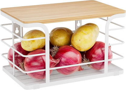 Potato and Onion Storage Bin,Kitchen Organizers Pantry Bin with Bamboo Top for Onion,Potato,Fruits,Vegetable,Produce Storage, White
