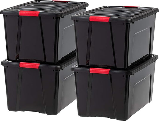 IRIS USA 72 QT Plastic Storage Box with Lid and Latches - 4 Pack - BPA-Free, Garage Organizing Solution, Durable Nestable Stackable Containers, Secure Pull Handle - Black