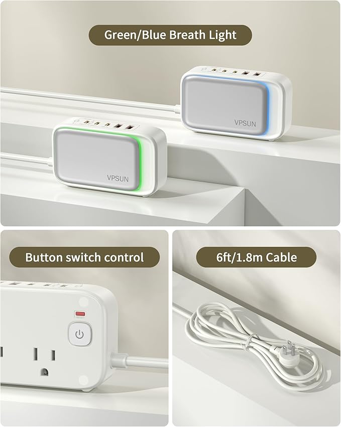 Power Strip with USB C Ports,30W USB C Charging Station,Surge Protection 1200J, 5FT Flat Extension Cord USB Charger Hub for Multiple Devices (Pearl White)