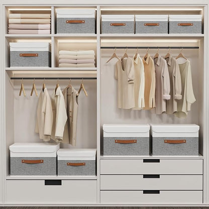Yawinhe Storage Boxes with Lids, Linen Fabric Bin, Cube Organizer Basket, Washable and Leather Handle, for Home, Closet, White/Grey, 15.0''Lx9.8''Wx9.8''H, 3-Pack, USNK024WGL-3