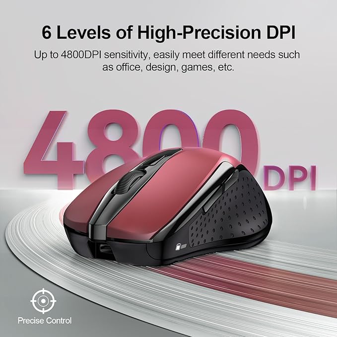 TECKNET Rechargeable Wireless Mouse, 2.4G Silent Mouse, Quiet Click, 6 Adjustable 4800 DPI, Cordless Computer Mouse, Ergonomic Mouse for Laptop, 6 Buttons USB Mouse for Chromebook, Ergo Grip - Red