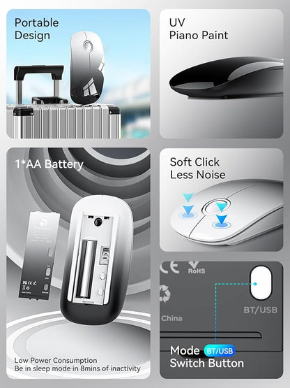 RAPIQUE Bluetooth Wireless Mouse - (BT5.1+USB) Dual Connectivity, Quiet Click, Low Power, and 1600 DPI, Portable Cordless Mouse for Laptop, MacBook Pro/Air, iPad (White to Black)