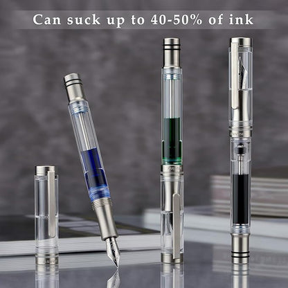 Asvine V200 Titanium Fountain Pen Vacuum Filling, Germany Bock Extra Fine Nib Clear Transparent Acrylic Smooth Writing Pen Case Set