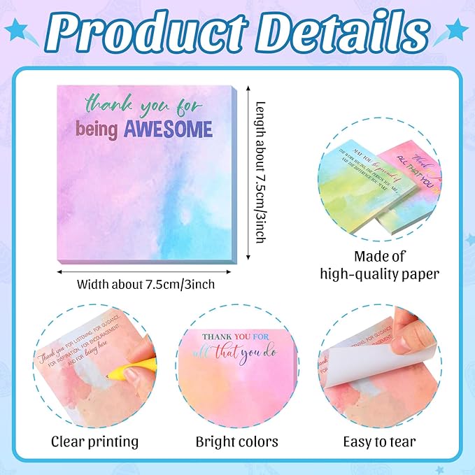 Yinder 24 Pcs Employee Appreciation Sticky Notes Xmas Gift Bulk Motivation Note Pads Mini Inspirational Note Gift for Teacher Nurse Staff Coworker Office Supply 3 x 3'' (Appreciation,Watercolour)