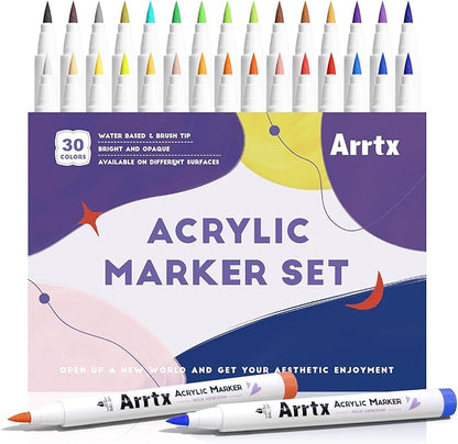 Arrtx Acrylic Paint Pens Basic Series 30B Colors,Brush Tip Acrylic Pens Markers for Rock Painting Wood Ceramic Glass Canvas Metal Plastic Fabric Stone and DIY Project