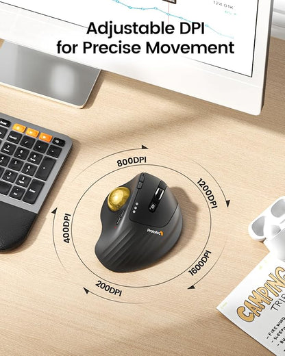 ProtoArc Wireless Trackball Mouse, EM01 NL Ergonomic Bluetooth Rollerball Thumb Rechargeable Computer Laptop Mouse, Adjustable Angle & 3 Device Connection for PC, Mac, Windows-Gold Ball