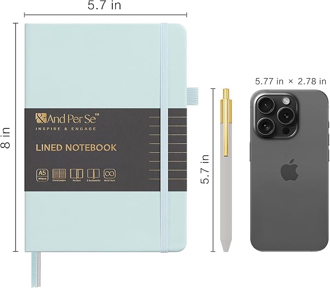 &And Per Se Lined Journal and Pen Set, A5 Leather Journal Stationery Set, 160 Pages 100GSM Thick Paper, Notebook Gift Set (Cyan-Set1)