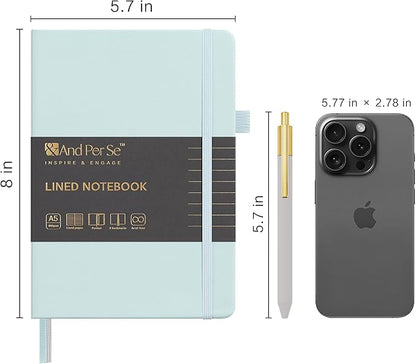 &And Per Se Lined Journal and Pen Set, A5 Leather Journal Stationery Set, 160 Pages 100GSM Thick Paper, Notebook Gift Set (Cyan-Set1)