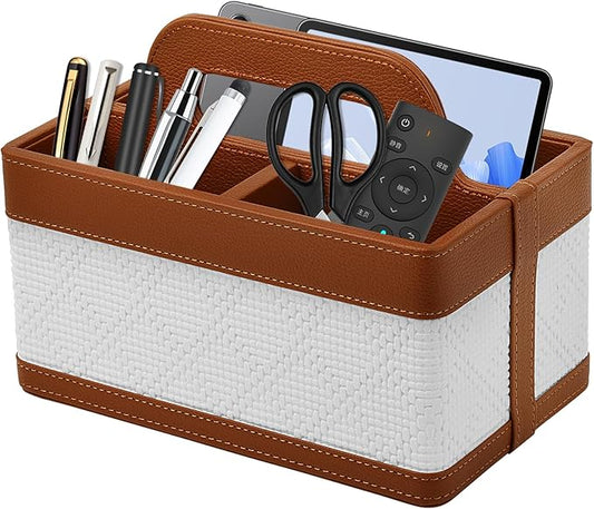 Desk Organizer Caddy with Handle-Portable PU Leather Remote Control Holder-Nightstand Dresser Tote Storage for Sunglasses,Comb,Small iPad,Pen,Heater Controllers,Cosmetics and Office Supplies