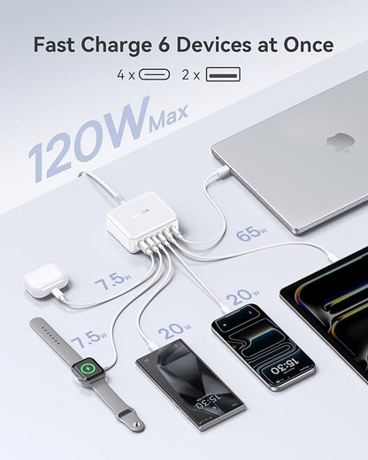Baseus Charging Station 120W, 6-in-1 USB-C PD Fast Charging Desktop Charger with 5ft Extension Cord, 4 USB C, 2 USB A Ports, Travel Power Strip for iPhone 17/16, iPad Pro, MacBook Pro, Tablet and More