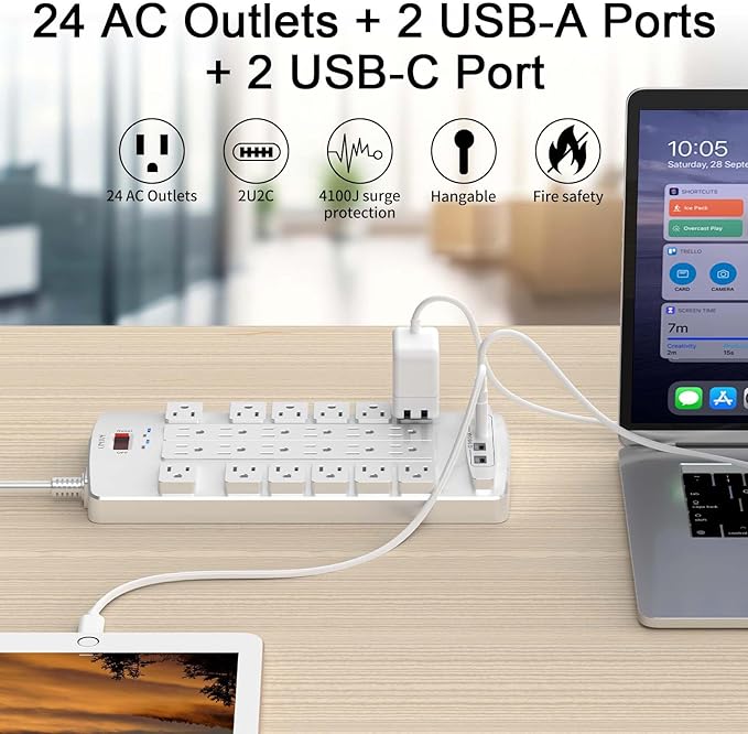 Surge Protector Power Strip - QINLIANF 20Ft Flat Plug Heavy Duty Extension Cord with 24 Outlets and 4 USB Ports(2 USB-C Ports), 1875W/15A, 4100J, for Home, Office, Dorm, ETL Listed, White
