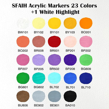 SFAIH Acrylic Paint Creative Markers, 24 Colors Dual Tips Drawing Markers, Ultra-High Coverage, No Bleed Water-Based Ink, Waterproof, Art Supplies for Paper, Fabric, Wood, Ceramic, Glass, Rock, Canvas