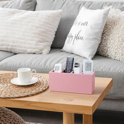 Bivvclaz Pencil Pen Holder for Desk, Wooden Office Desk Organizers and Accessories with 4 Slots for Countertop, Makeup Brush Holder Organizer for Bathroom Vanity, Silverware Caddy for Party, Pink