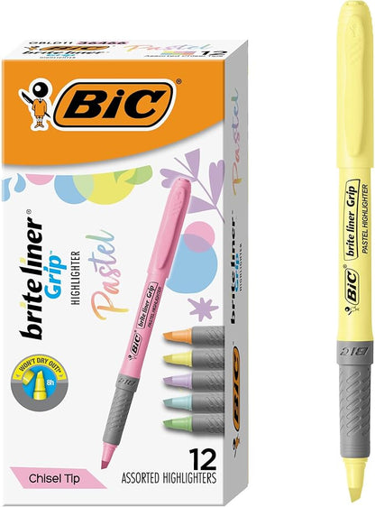 BIC Brite Liner Grip Pastel Highlighter Set, Chisel Tip, 12-Count Pack of Pastel Highlighters in Assorted Colors, Cute Highlighters for Bullet Journaling, Note Taking and More