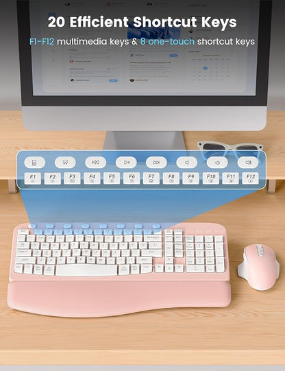 SABLUTE Wireless Keyboard and Mouse Combo, Ergonomic Wave Keys, Cushioned Plam Rest, Comfortable Silent Natural Typing, 2.4G Lag-Free, Full Size Keyboards Cordless Set for Multi-OS, Windows/Mac, Pink