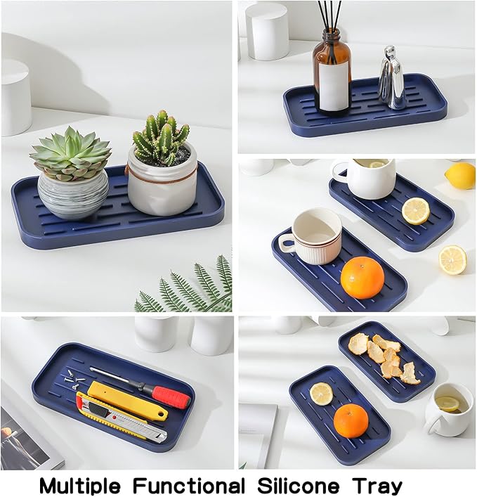 Silicone Kitchen Sink Organizer Tray for Multiple Usage,Eco-Friendly Sponges Holder for Kitchen Bathroom Counter or Sink,Dish Soap Dispenser,Scrubber,Bottle,Cup (Navy Blue, 10"×5.3")