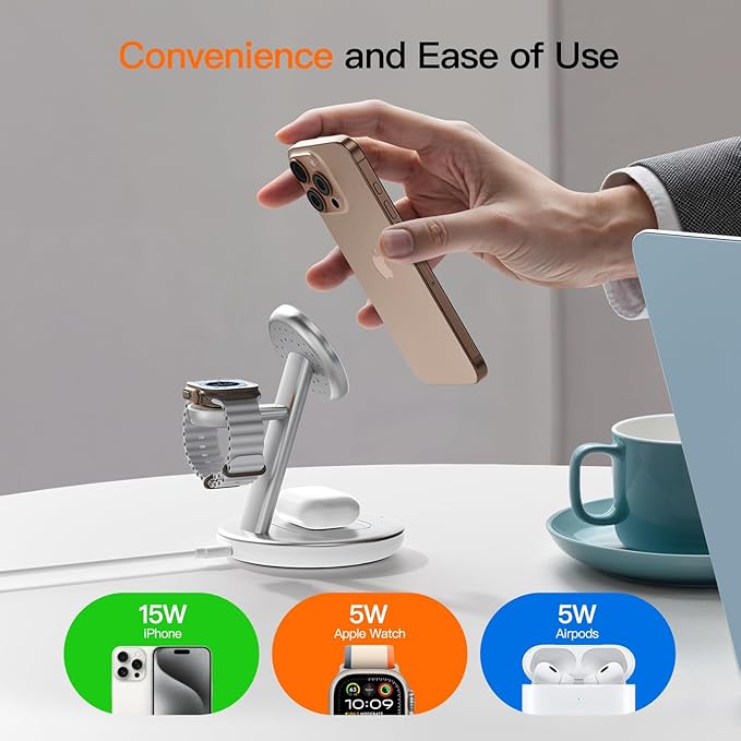 2025 Apple 5W Fast iWatch Charging,3 in 1 Charging Station for Apple Devices,Mag-Safe Charger Stand,Wireless Charger for iPhone 17/16/15/14/13/12 Series,& AirPods（Silvery）