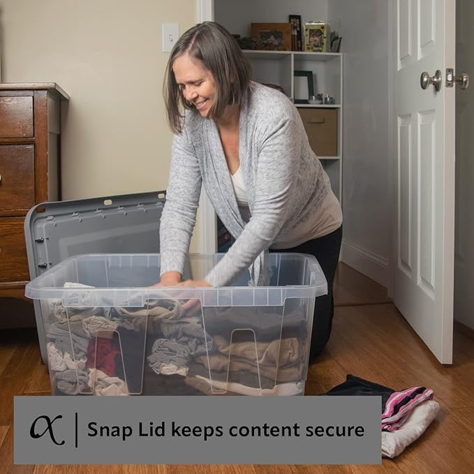 CX BLACK & YELLOW, 27-Gallon Heavy Duty Clear Storage Container & Snap-Tight Lid, Clear & Grey (14.3"H x 20.6"W x 30.6"D), Weather-Resistant, Stackable, See-Through Organization Tote [2 Pack]