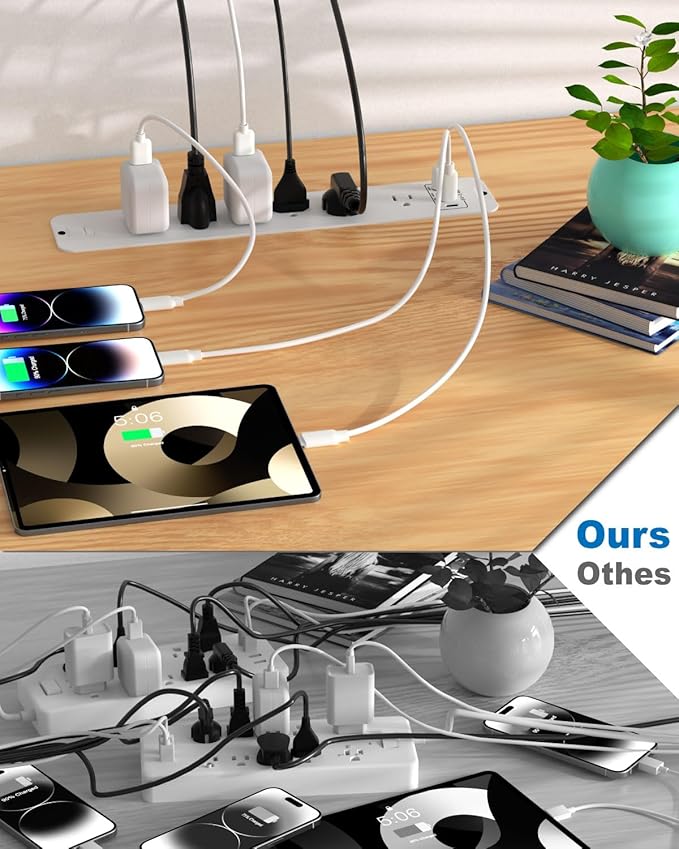 Recessed Power Strip Extension - 10 Outlet Surge Protector with 6 AC - 2 USB-A（18W） and 2 USB-C（PD20W） Ports - Flush Mount Desk Outlet with 6 Feet Cord - for Conference Table (White)