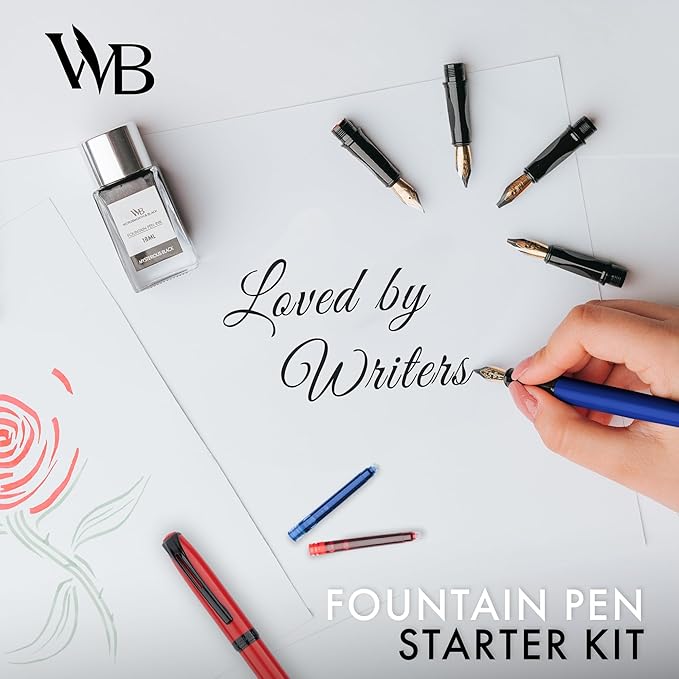 Wordsworth and Black Fountain Pen Set - Blue - Includes 2 Pens, 18 ML Ink Bottle, 60 Ink Cartridges, A Refill Converter, 1 Medium and 4 Broad Nibs, Brush Pen - Fountain Pen Kit for Beginners