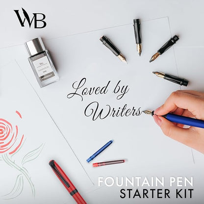 Wordsworth and Black Fountain Pen Set - Blue - Includes 2 Pens, 18 ML Ink Bottle, 60 Ink Cartridges, A Refill Converter, 1 Medium and 4 Broad Nibs, Brush Pen - Fountain Pen Kit for Beginners