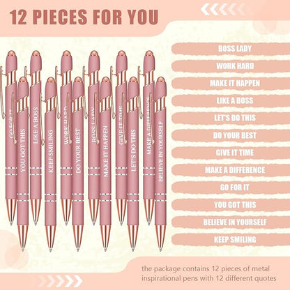 Zonon 12 Pcs Inspirational Pens Bulk Funny Ballpoint Pen with Stylus Tip Motivational Gifts for Christmas Teacher Coworkers Nurse School Office Supplies(Rose Gold,Boss Lady)