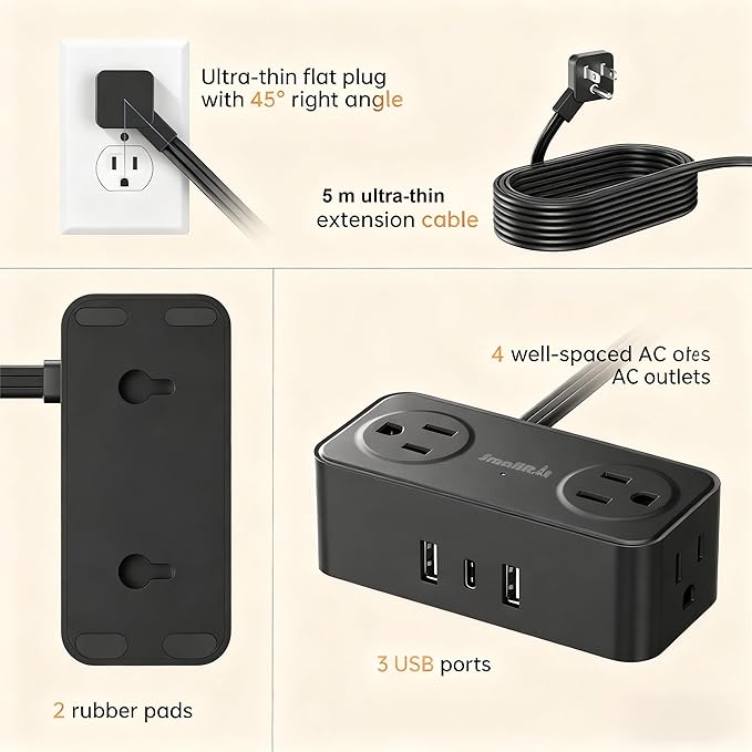 SMALLRT Thin Flat Extension Cord with USB C, Small Flat Plug Power Strip with 4 AC Outlets 3 USB (1 USB C), 6.5FT Small Power Strip Wall Mountable Cruise Ship, Travel, Home (Black, 16.5 FT)