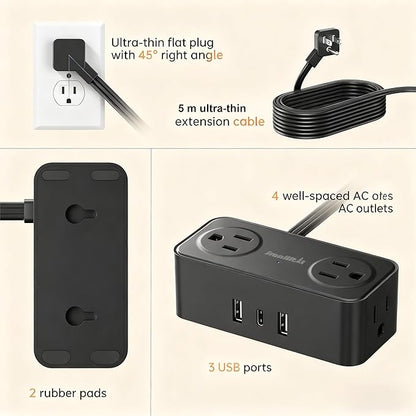 SMALLRT Thin Flat Extension Cord with USB C, Small Flat Plug Power Strip with 4 AC Outlets 3 USB (1 USB C), 6.5FT Small Power Strip Wall Mountable Cruise Ship, Travel, Home (Black, 16.5 FT)