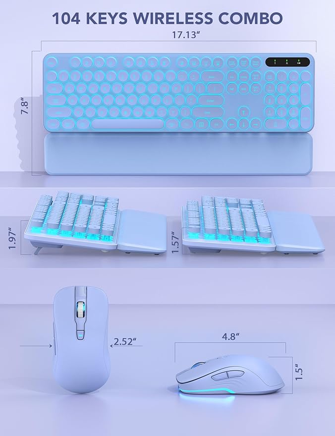 Wireless Keyboard and Mouse Backlit - Typewriter Keyboard with Retro Round Keycaps, Detachable Wrist Rest, Light Up Letters, 2.4G Rechargeable Combo for Mac, Windows, PC, Laptop, Trueque (Purple)