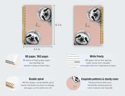 Sloth Notebook Journal,Pink Cute Animal Notebook Journal for School Women Teen Girls Kids,Gifts for Sloth Lovers,Hardcover Spiral Notebooks for Work Notes Journaling,5.5x8.3 Inch