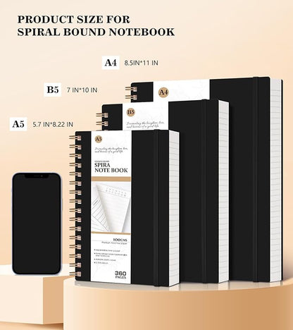 Spiral Notebook Journal, 360 Pages College Ruled Notebooks, Lined Thick Journals for Women Men, A5 Thick Spiral Writing Journaling with 100GSM Paper, Spiral Notebooks for Work School 5.5"x8.5" Black