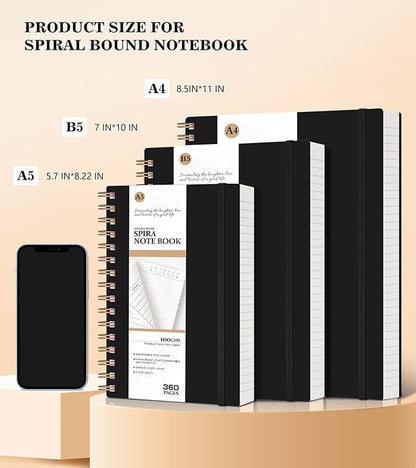 Spiral Notebook Journal College Ruled 8.5''x 11'', 360 Pages Lined Thick Journals for Women Men, A4 Large Writing Spiral Journal with 100GSM Paper, Spiral Notebooks for Work, School Black