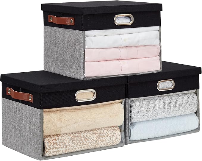 Fabric Clear Window Storage Bins with Lid, Closet Storage Box Linen Closet Baskets with 3 Handles for Organizing Clothing, Jeans, Shelves 15''- 3 Pack (Gray and Black)